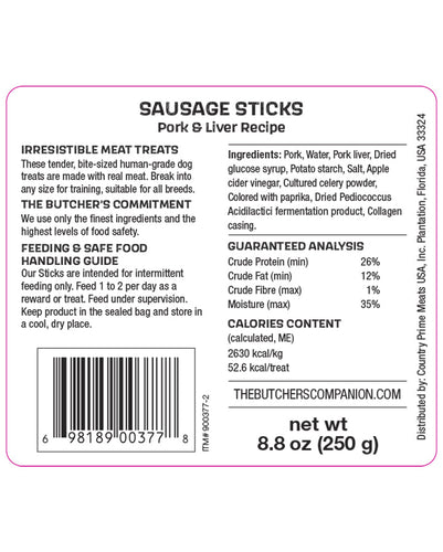 The Butcher's Companion Pork & Liver Recipe Sausage Sticks Dog Treats